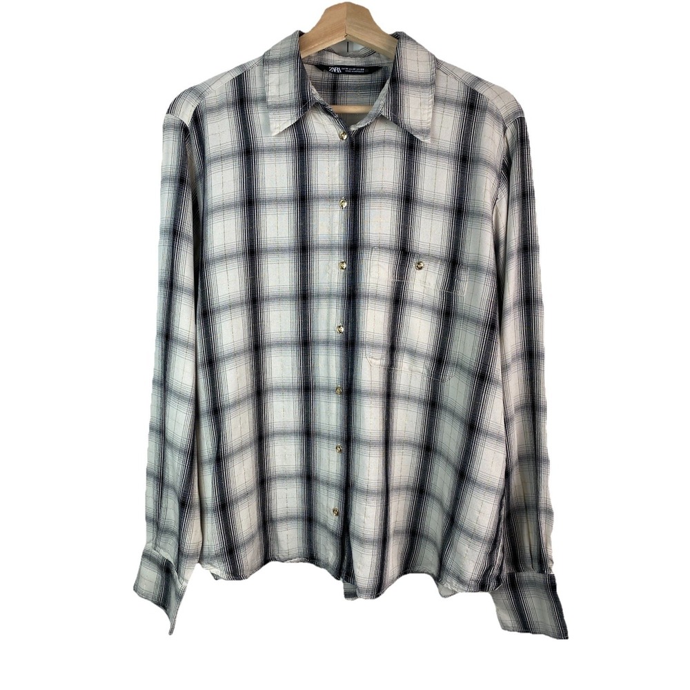 Zara Women's M Plaid Gold Metallic Thread Long Sleeve Viscose Button Up Shirt
